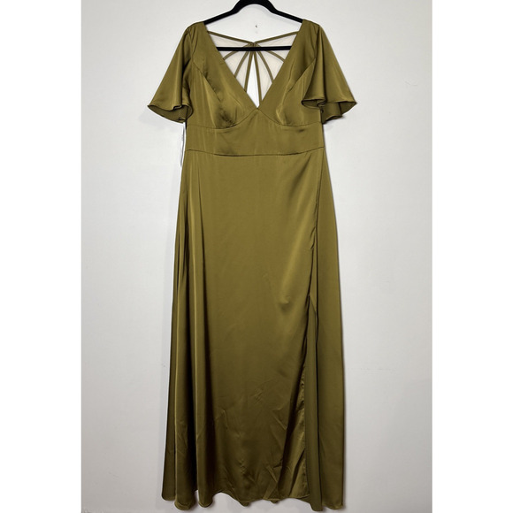 Azazie Bridesmaid Dress Green Size 18 Satin Flutter Sleeve Forest Fairy - Picture 1 of 15